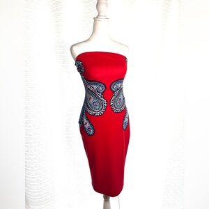 Express Strapless Red Dress with Paisley Design